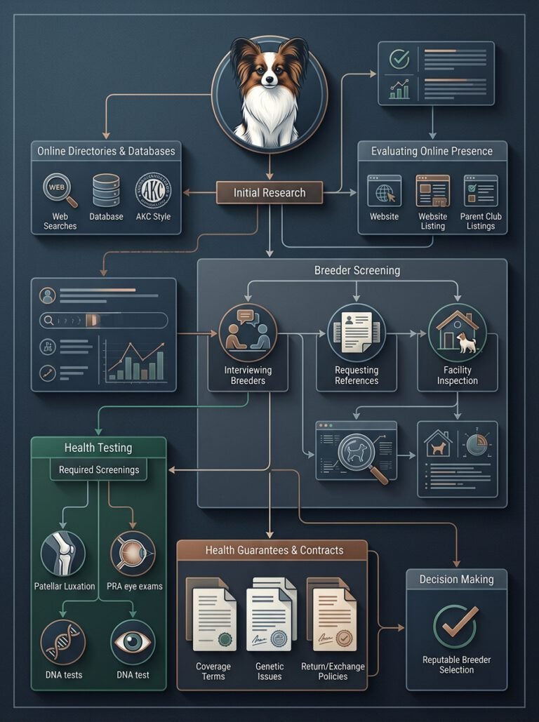 How to Find Papillon Dog Breeders With Health Guarantees? concept illustration showing the core framework