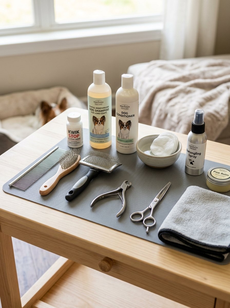 Papillon grooming routine setup visual