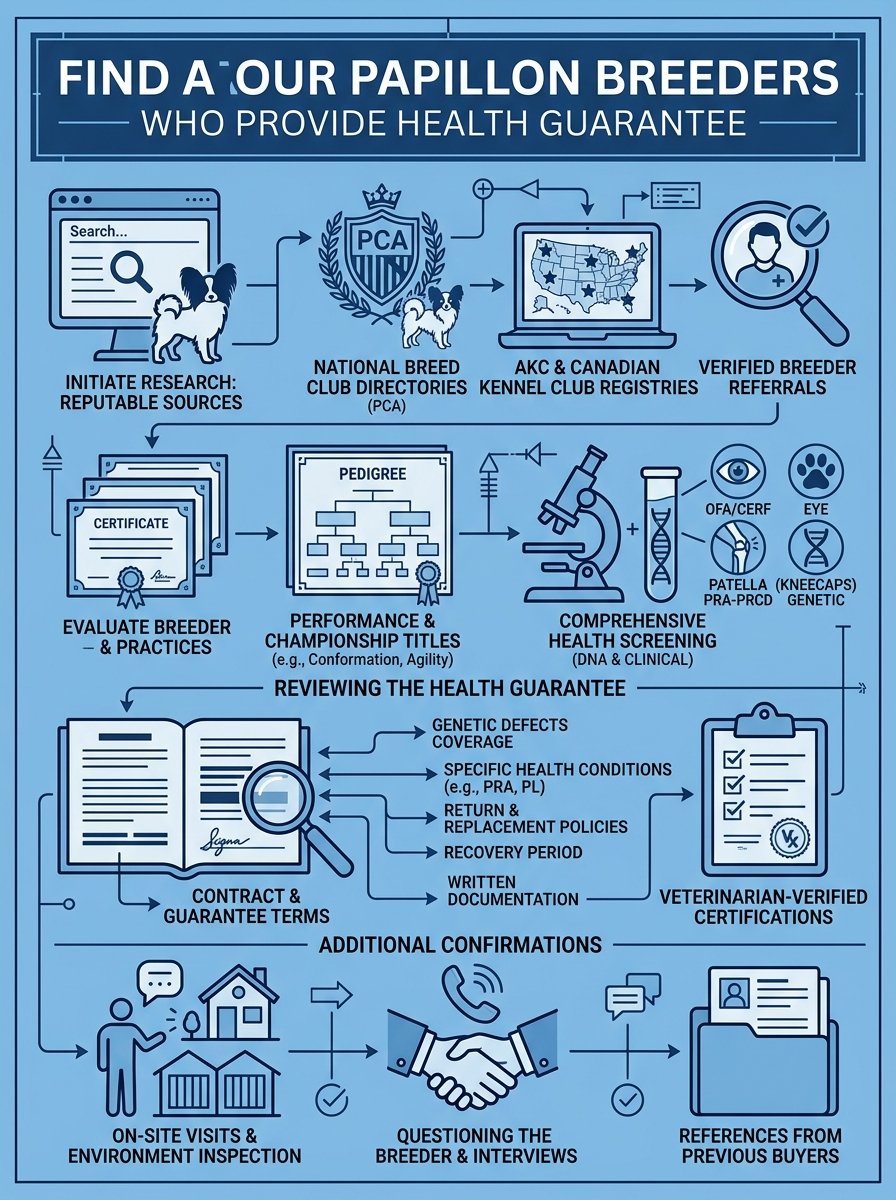 How to Find Papillon Dog Breeders With Health Guarantees? visual aid for steps to find reputable papillon breeders