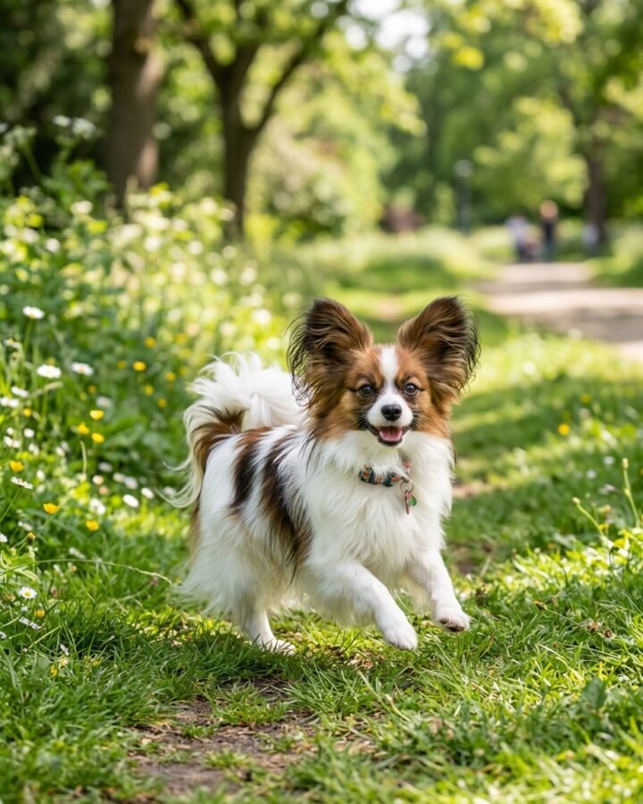 A Papillon puppy sitting next to an official health guarantee contract and genetic testing documents.