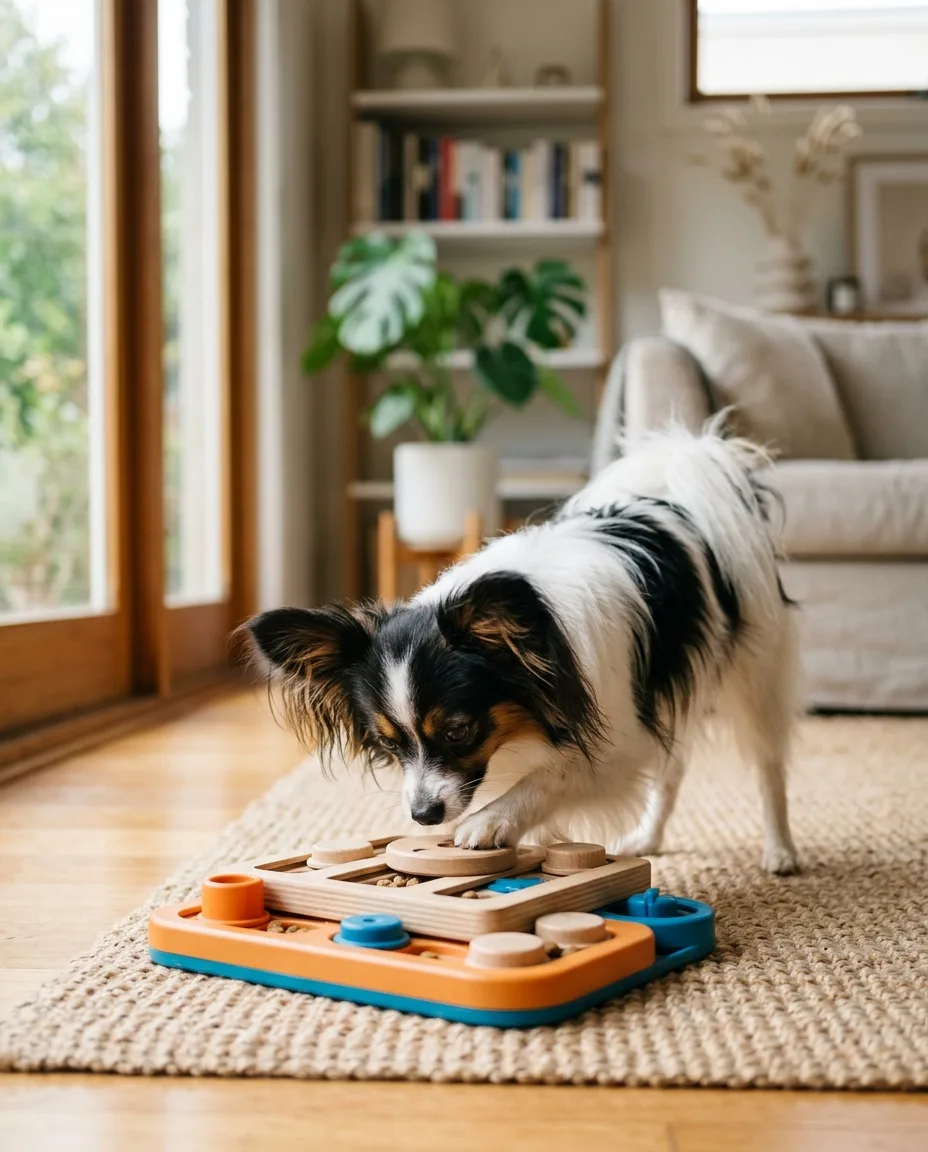 Papillon smarts on display with a puzzle toy during indoor play