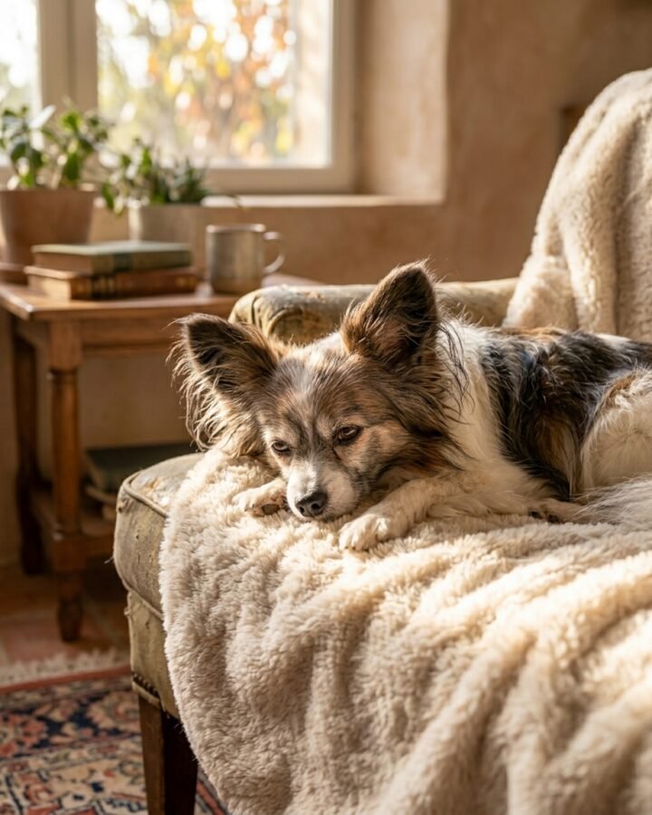 A senior Papillon dog with characteristic butterfly-shaped ears, showing slight greying around the muzzle, resting peacefully in a sunlit indoor setting.