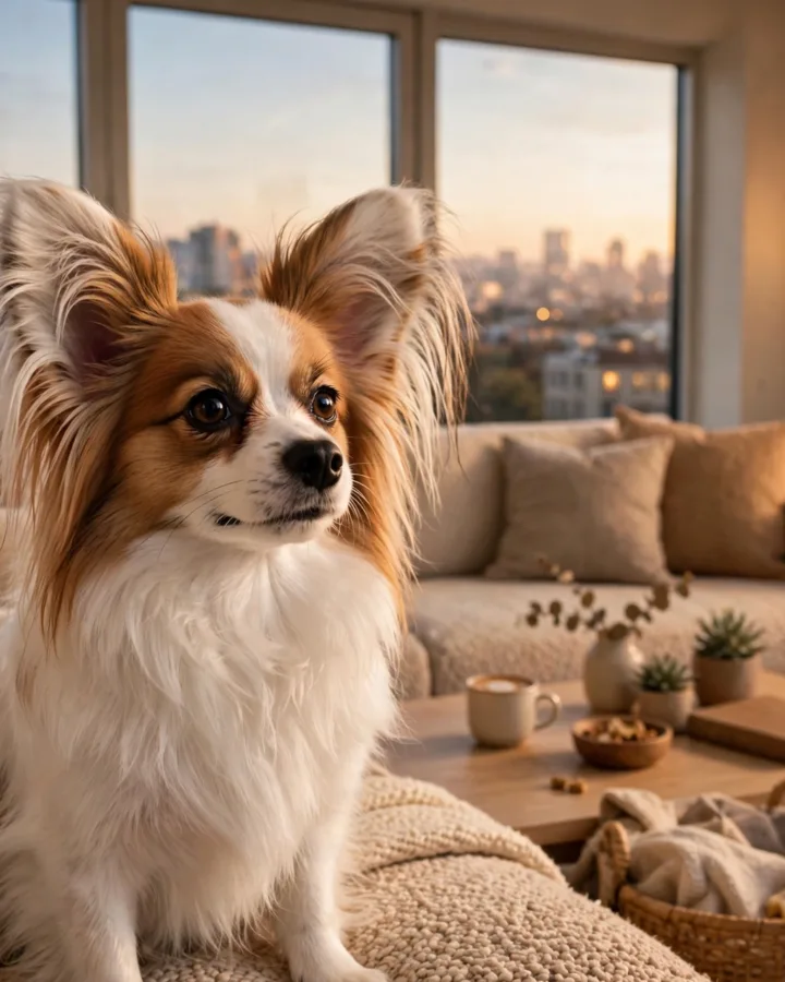 Papillon dog sitting in a cozy modern apartment living room with a city view