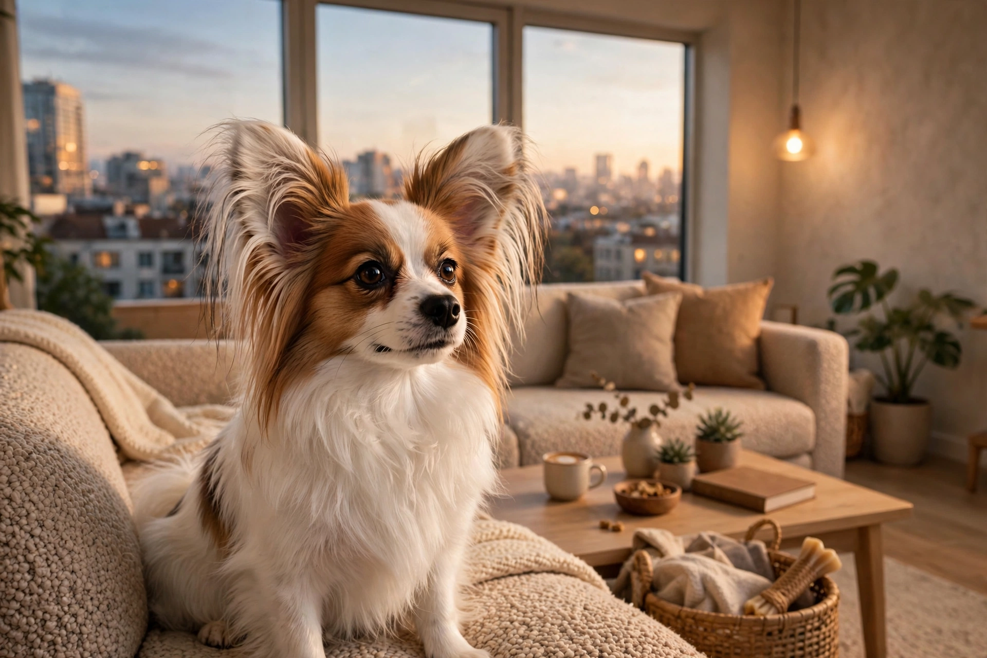 Papillon dog sitting in a cozy modern apartment living room with a city view