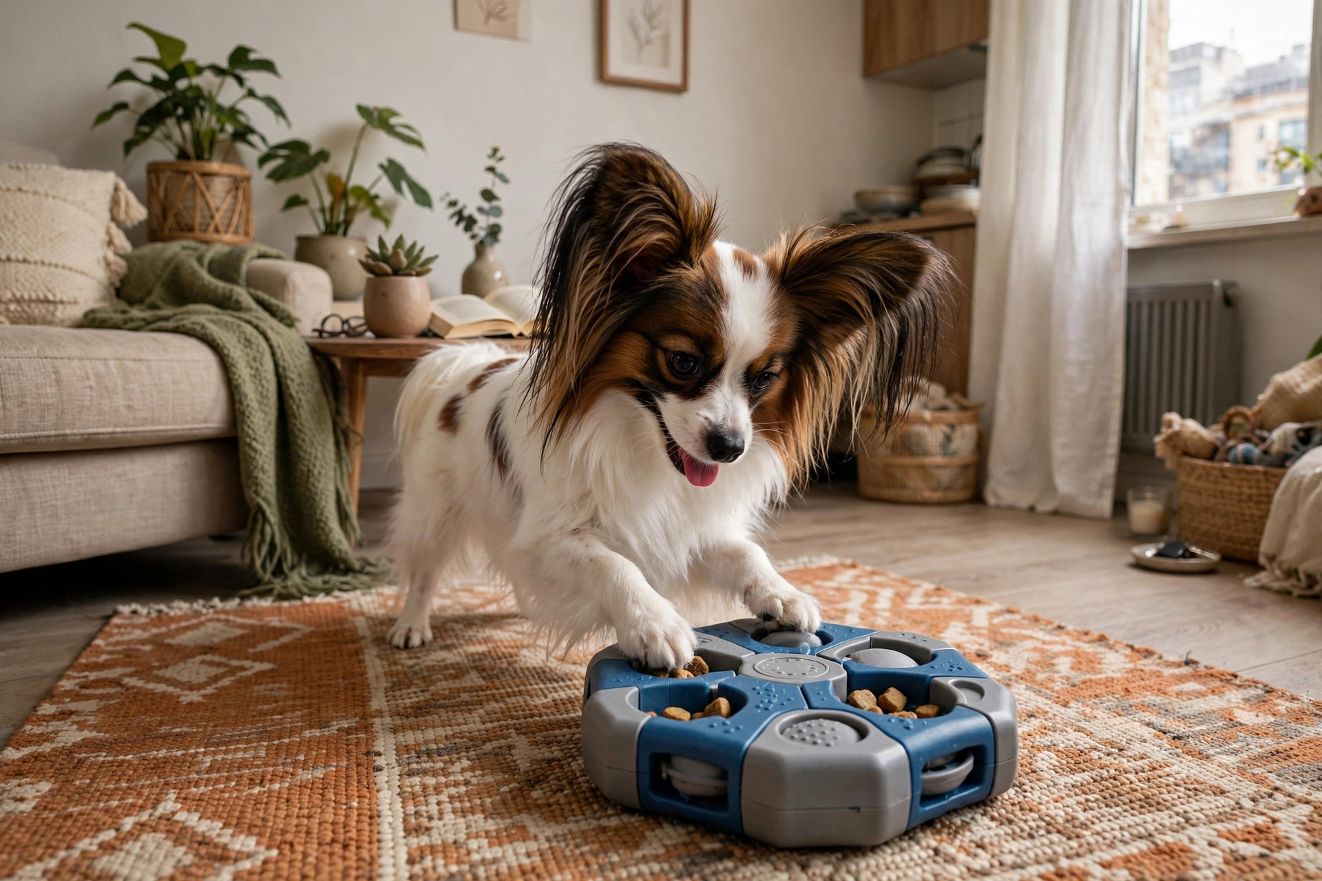 Papillon dog playing with a puzzle treat toy in an apartment living room