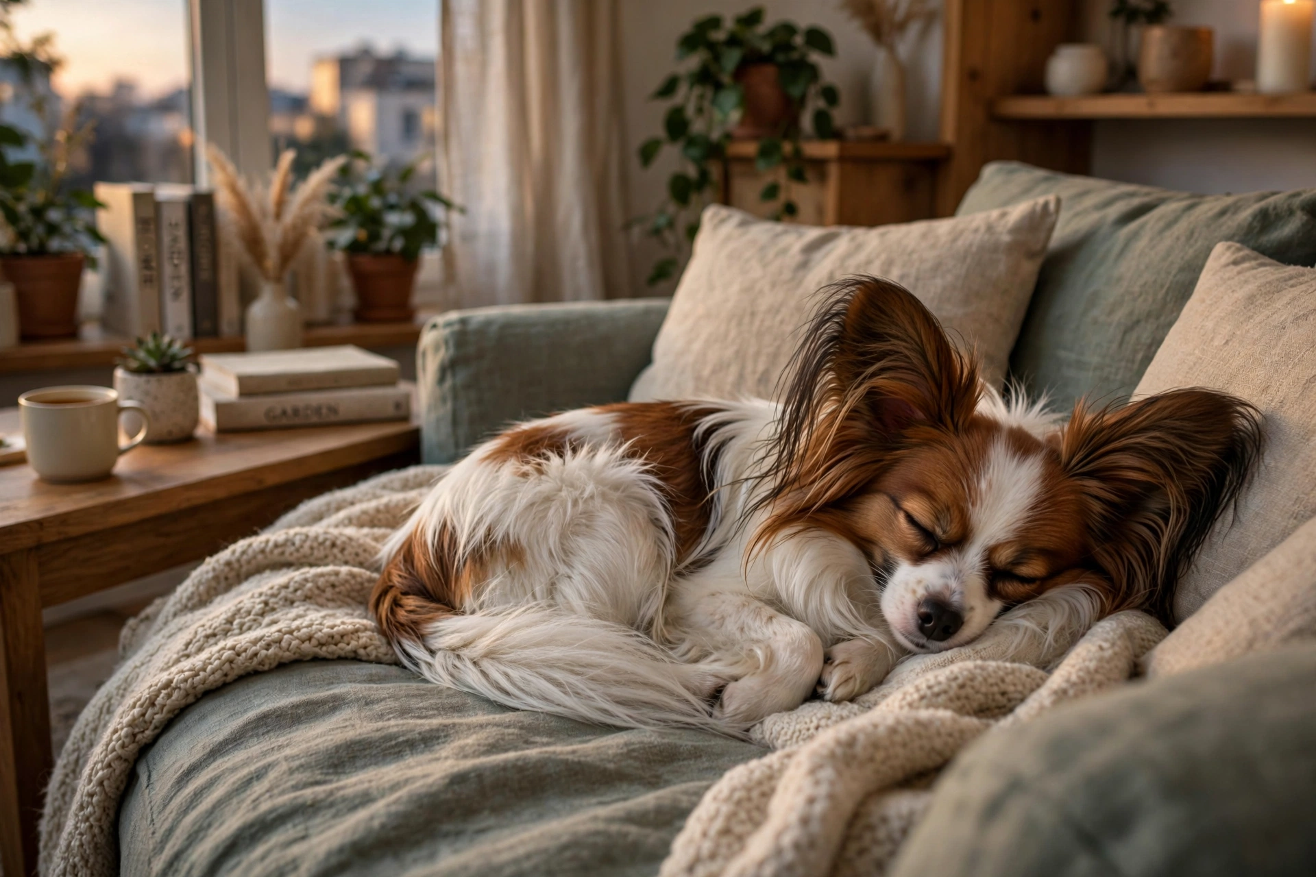 Papillon dog sleeping curled up on a sofa in a cozy apartment
