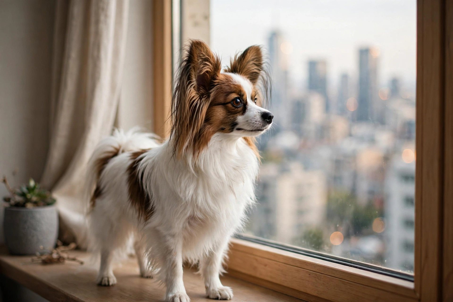 Papillon dog looking out an apartment window alertly with perked ears