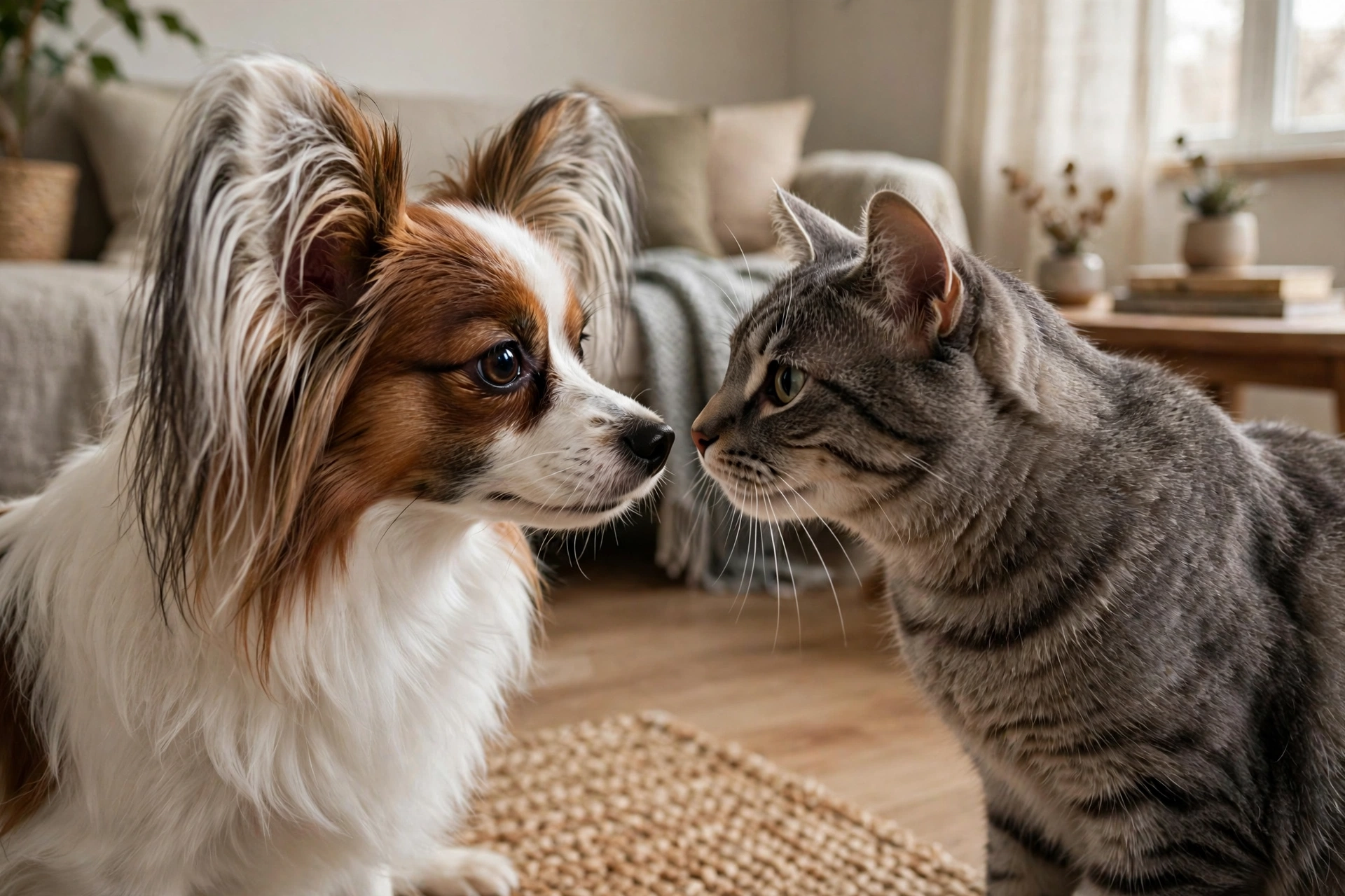 Papillon dog and cat meeting nose to nose in a living room