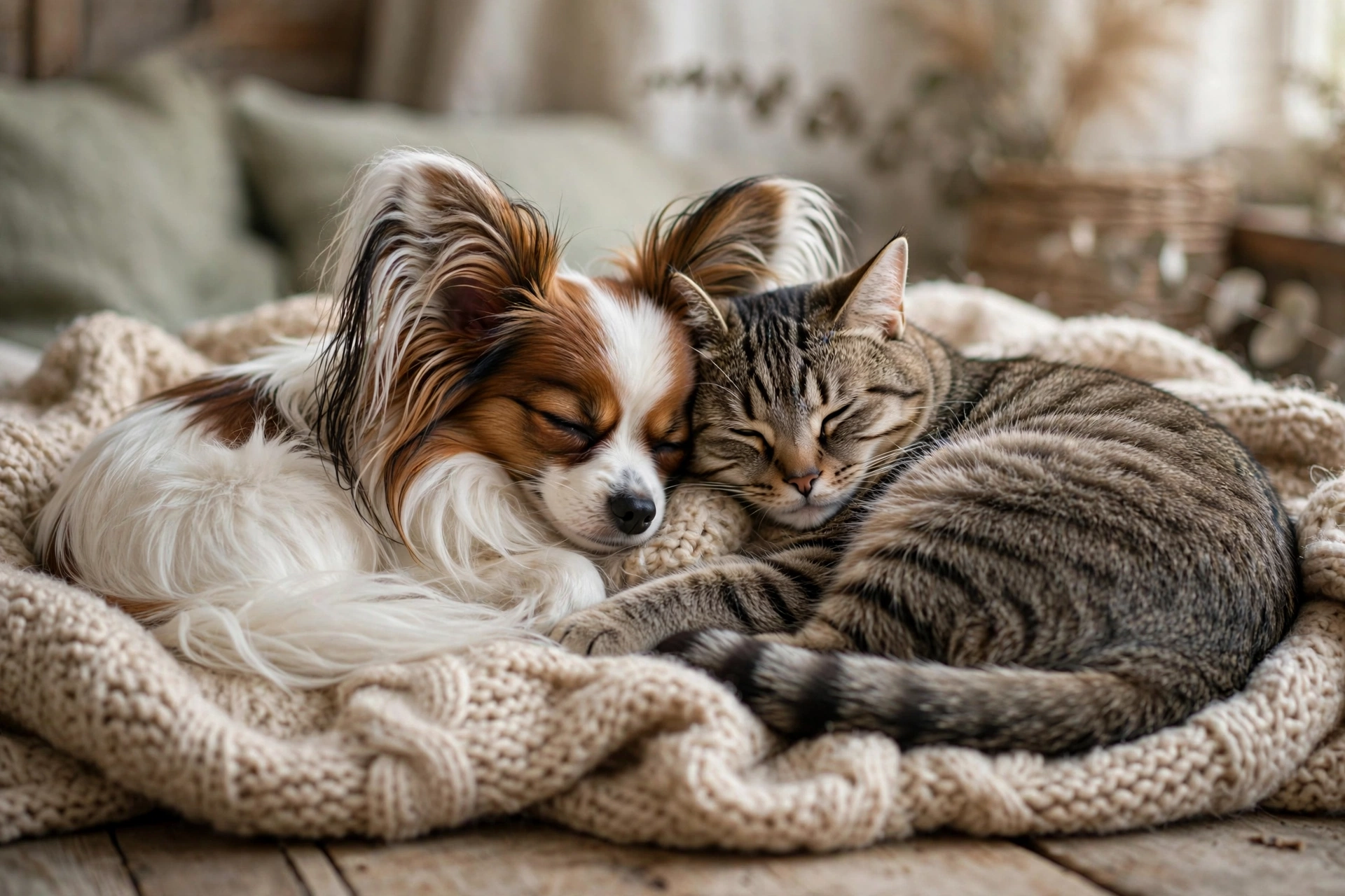 Papillon dog and cat napping together curled up on a blanket