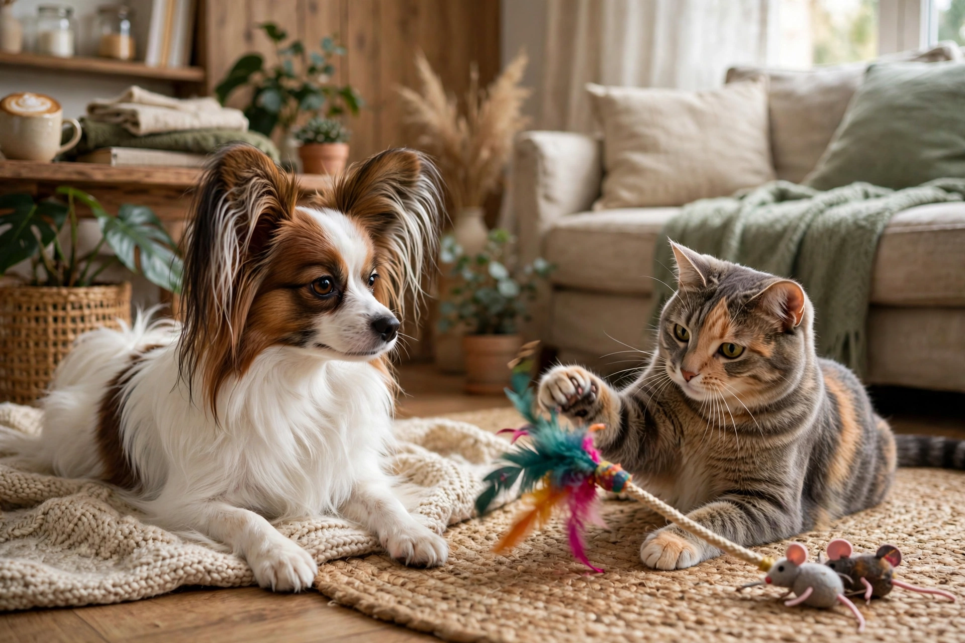 Papillon dog calmly watching a cat play in a cozy living room