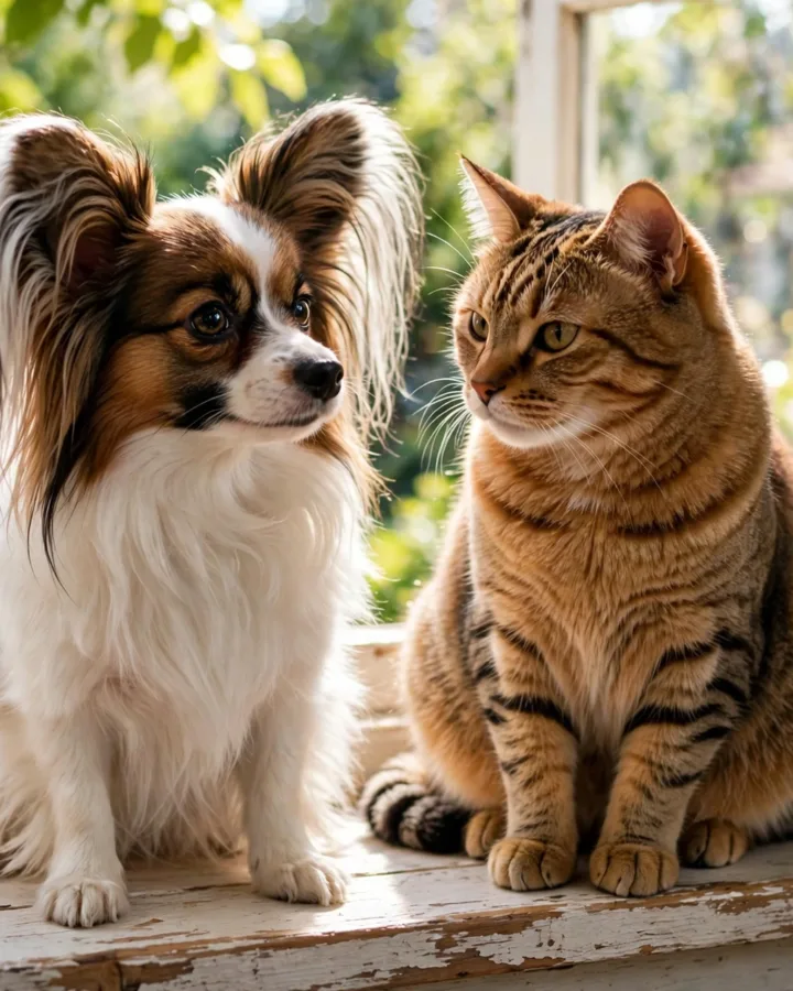 Papillon dog and tabby cat sitting side by side on a sunny windowsill