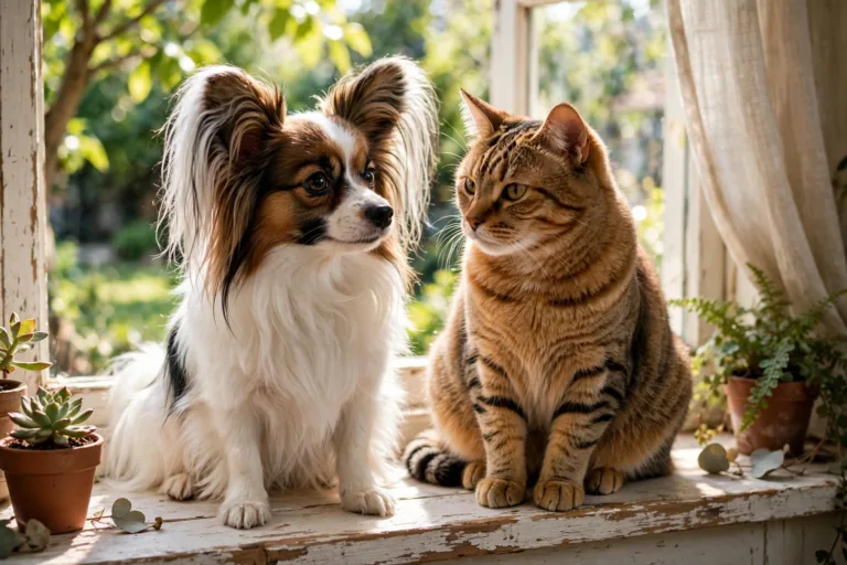 Papillon dog and tabby cat sitting side by side on a sunny windowsill