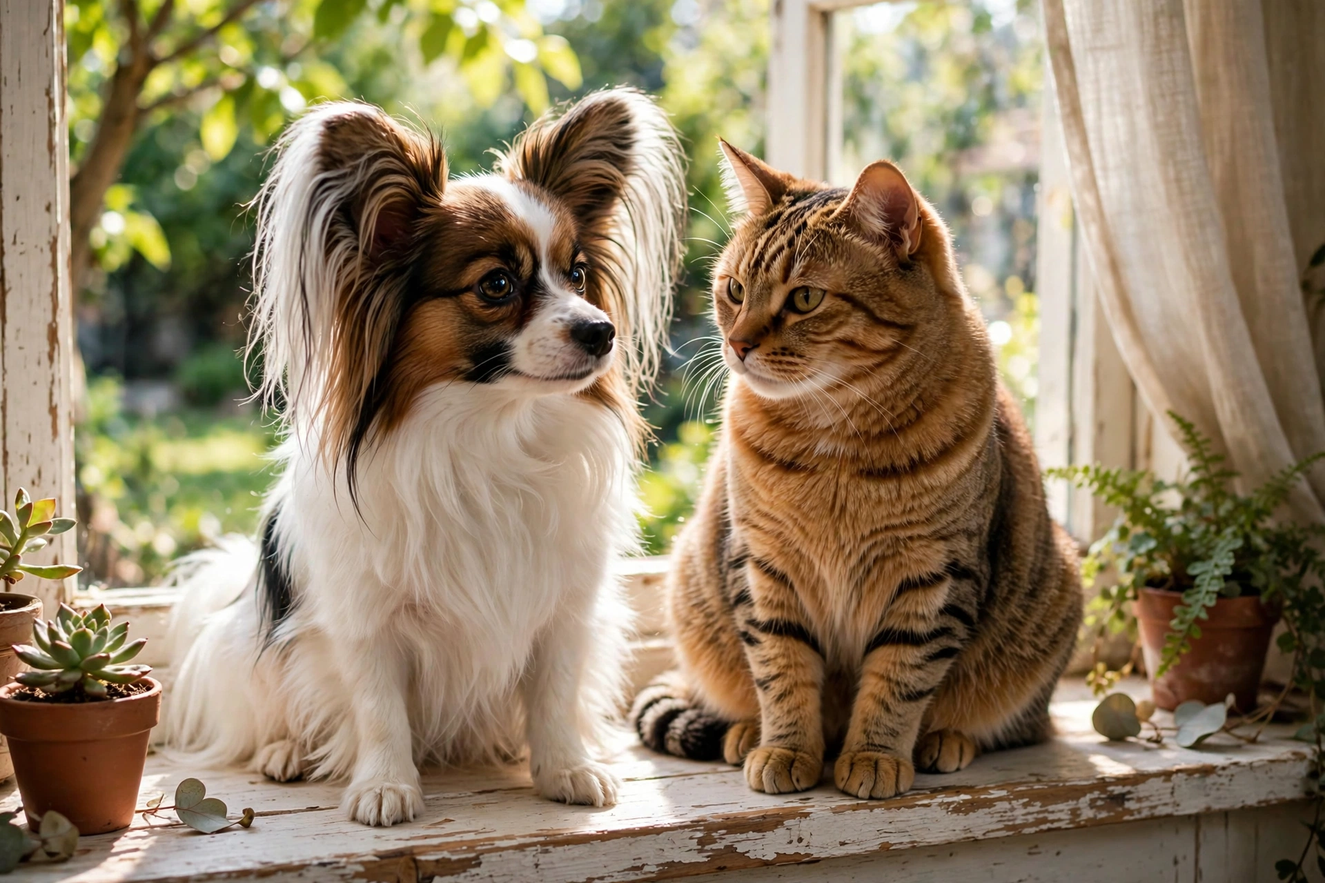 Papillon dog and tabby cat sitting side by side on a sunny windowsill