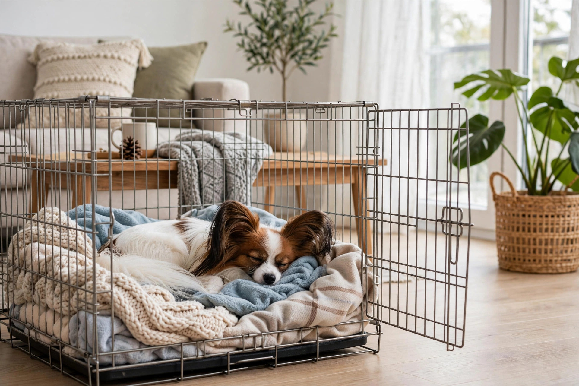 Papillon resting calmly inside a cozy open crate with blankets