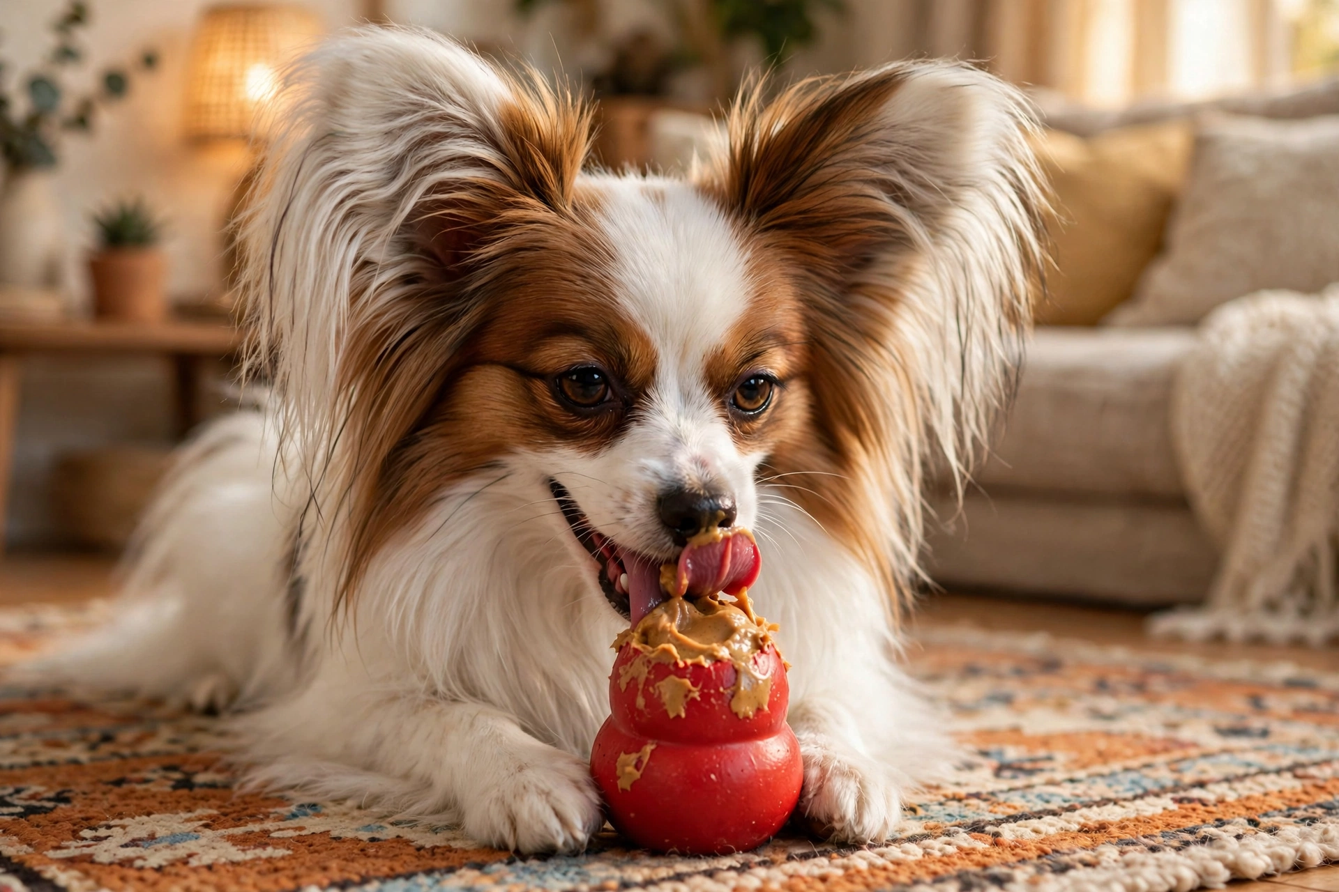 Papillon dog licking a Kong toy stuffed with peanut butter