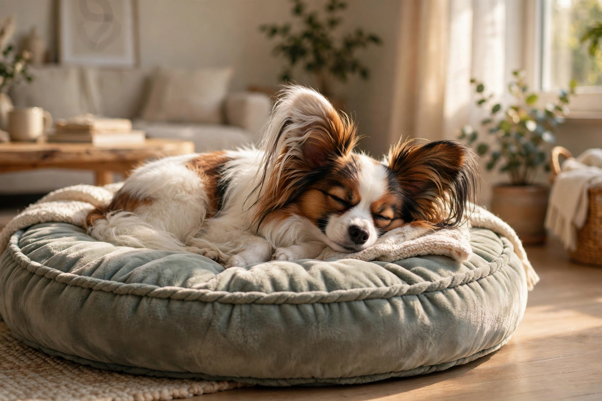 Papillon relaxing peacefully alone on a plush dog bed in a sunlit room