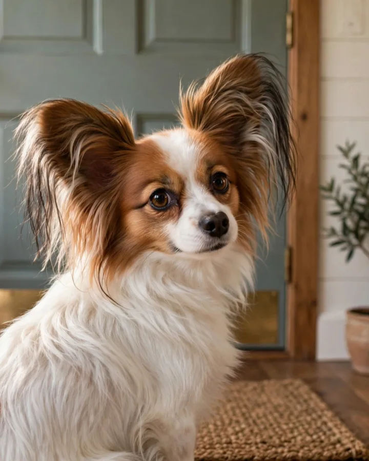 Papillon dog sitting by a closed front door looking back with soulful eyes
