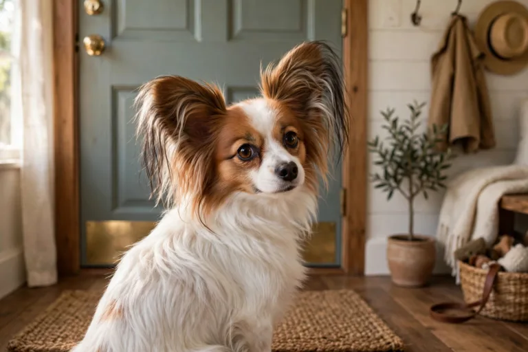Papillon dog sitting by a closed front door looking back with soulful eyes