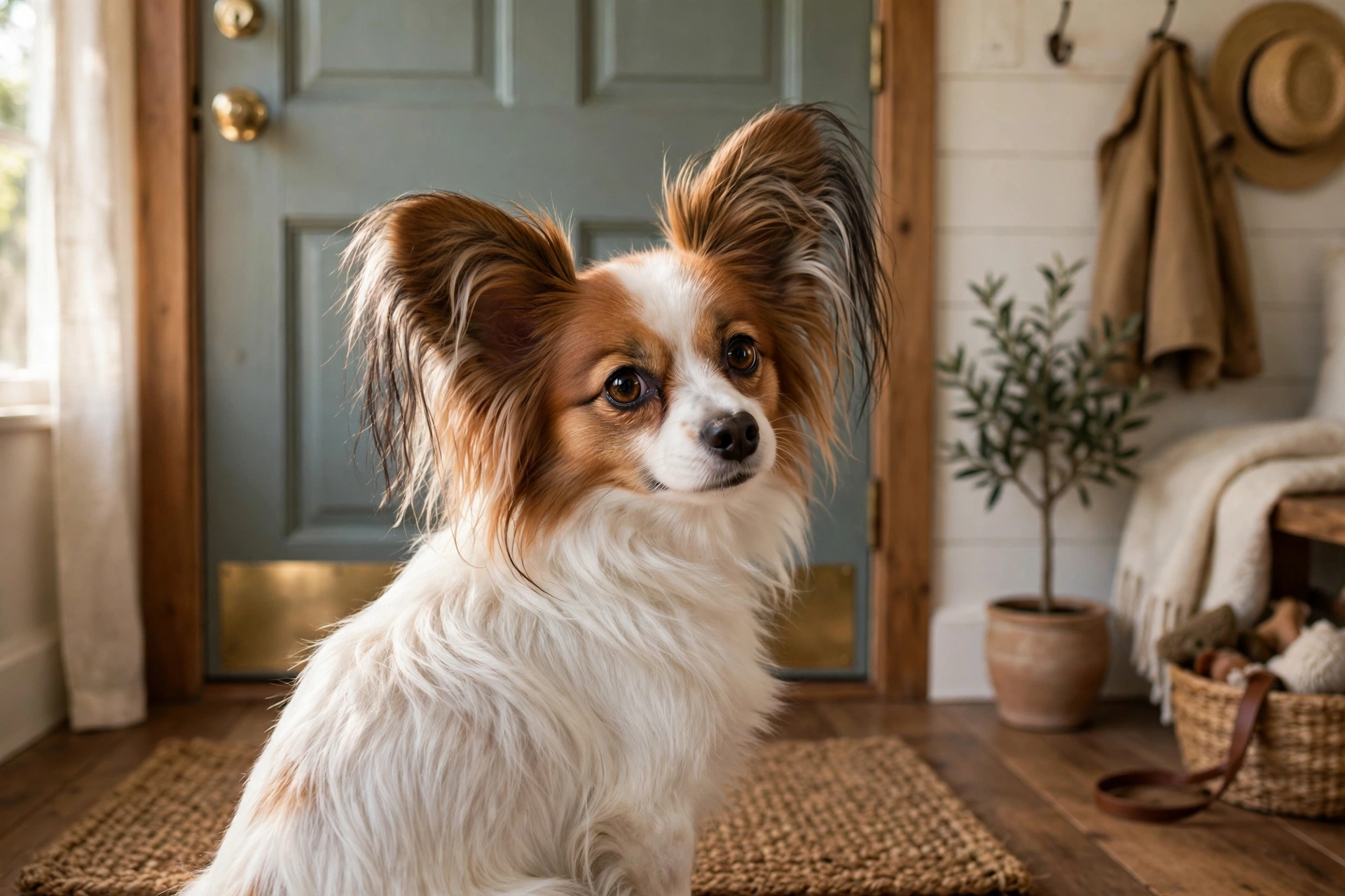 Papillon dog sitting by a closed front door looking back with soulful eyes