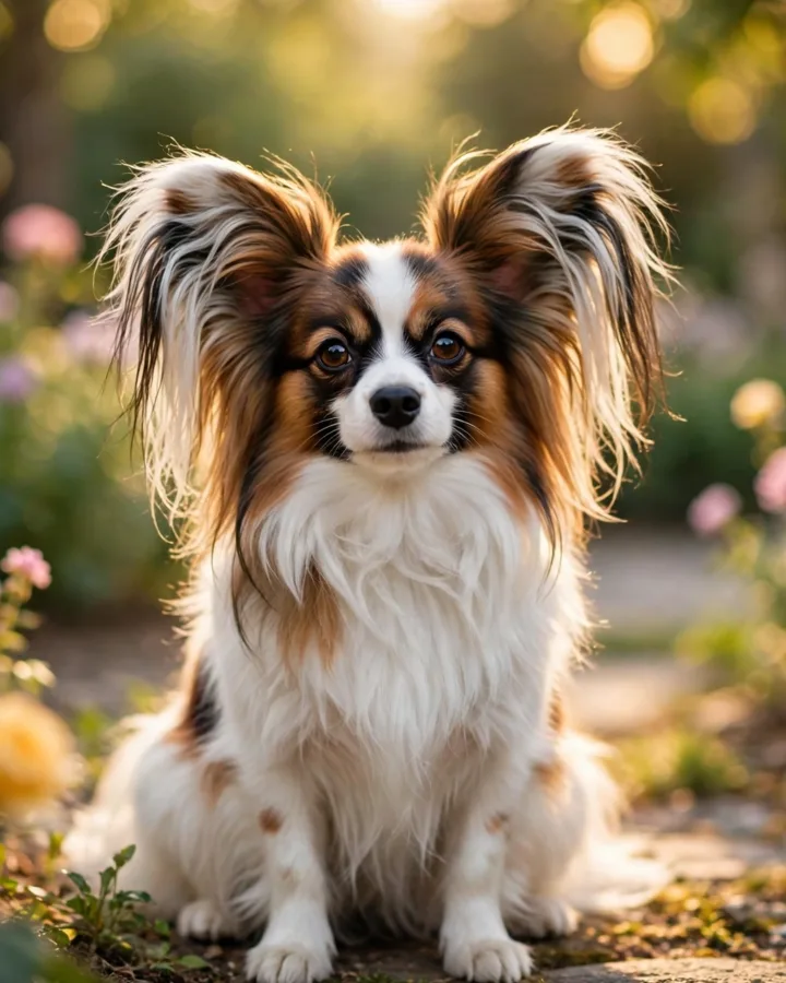 Papillon dog standing in a sunlit garden showing its long silky coat