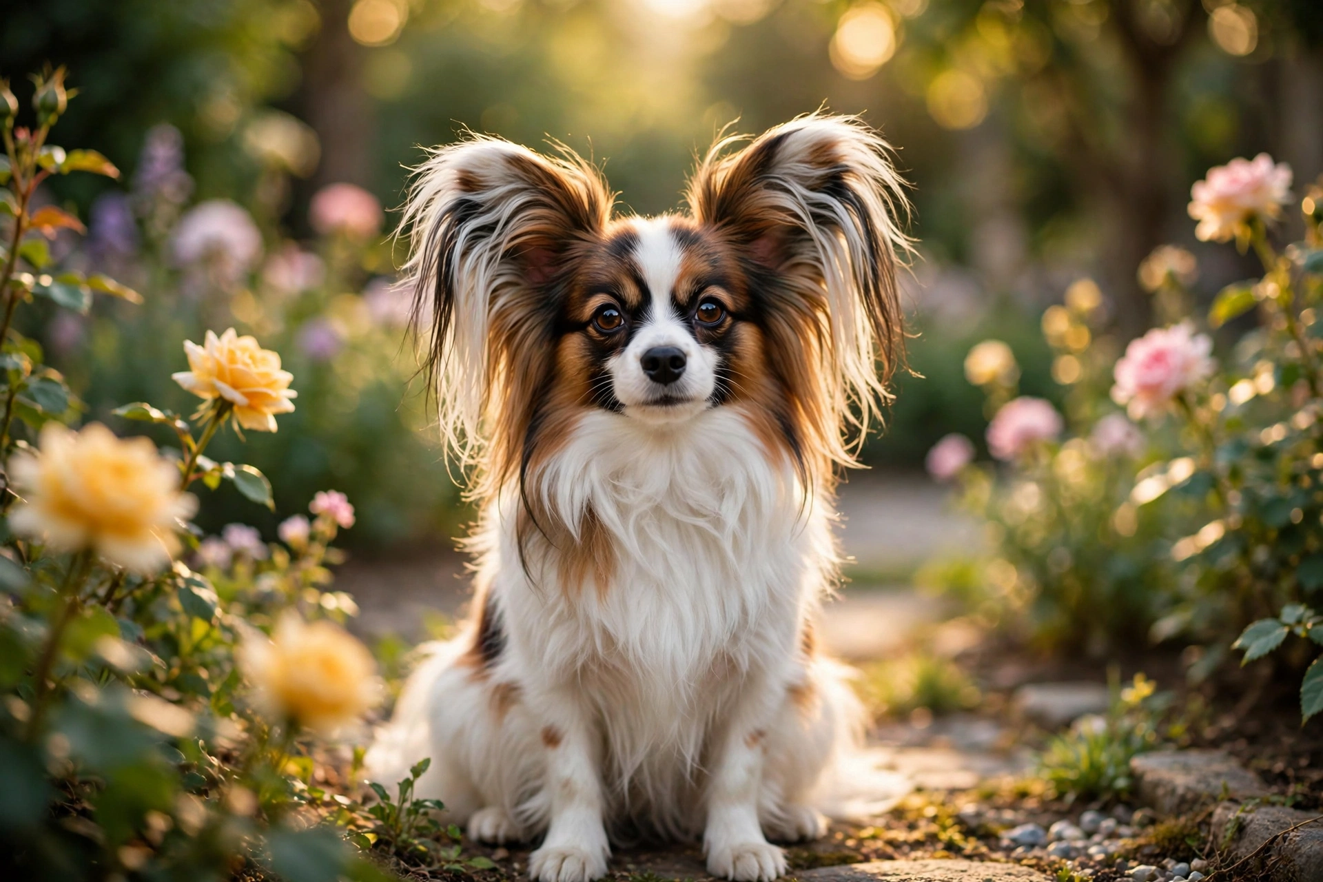 Papillon dog standing in a sunlit garden showing its long silky coat